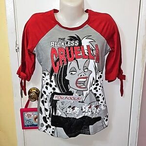 Disney parks Cruella top 101 dalmatians graphic print shirt bow detail. B20